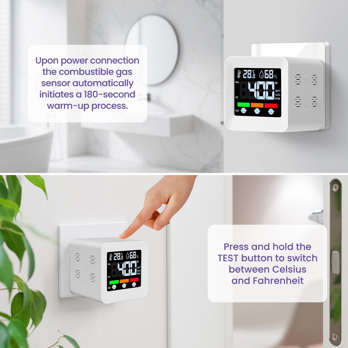 Plug-in 4-in-1 Gas & CO Detector with Temp/Humidity - Natural Gas, Propane & Methane Detector for Home, RV & Apartments (1, White-Voice Edition)
