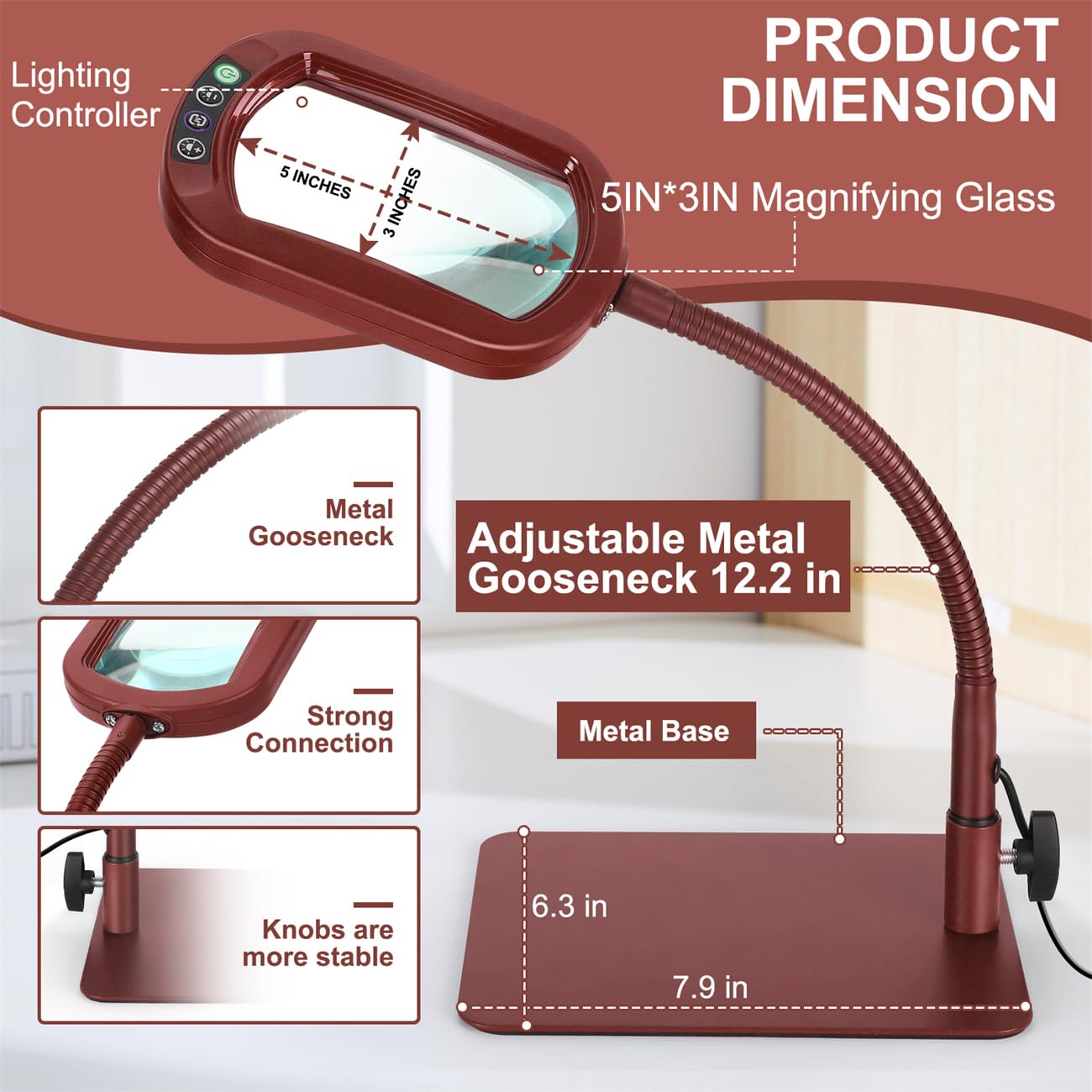 Veemagni 10X Rectangle Magnifying Glass with Light, Flexible Gooseneck Desk Lamp, Red, Model GE602