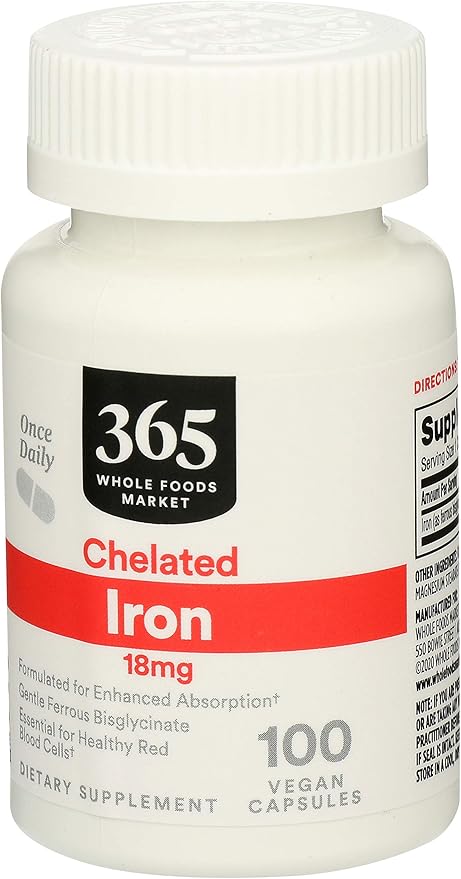 365 by Whole Foods Market, Iron Chelated 18Mg, 100 Veg Capsules (Pack of 2)