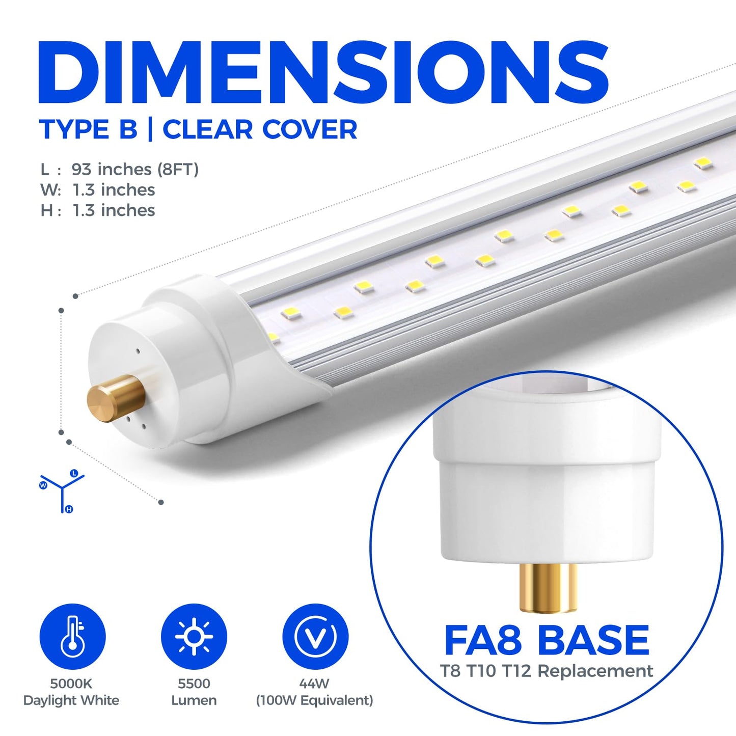 Barrina 8 FT LED Tube Lights, 44W 5500lm, Daylight White 5000K, Aluminium and PC, 12 Pack, Model INWT804022600Dc