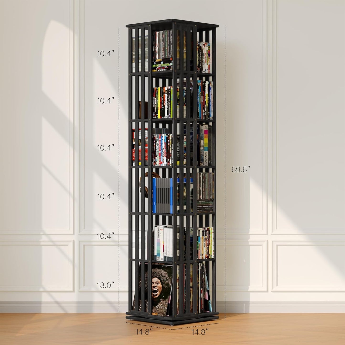 XIMN 360° Rotating Bamboo CD/DVD Shelf - 6-Tier Space-Saving Media Storage Cabinet for Movies, Organizer with Super Compact Design (Black, 6 Tier)