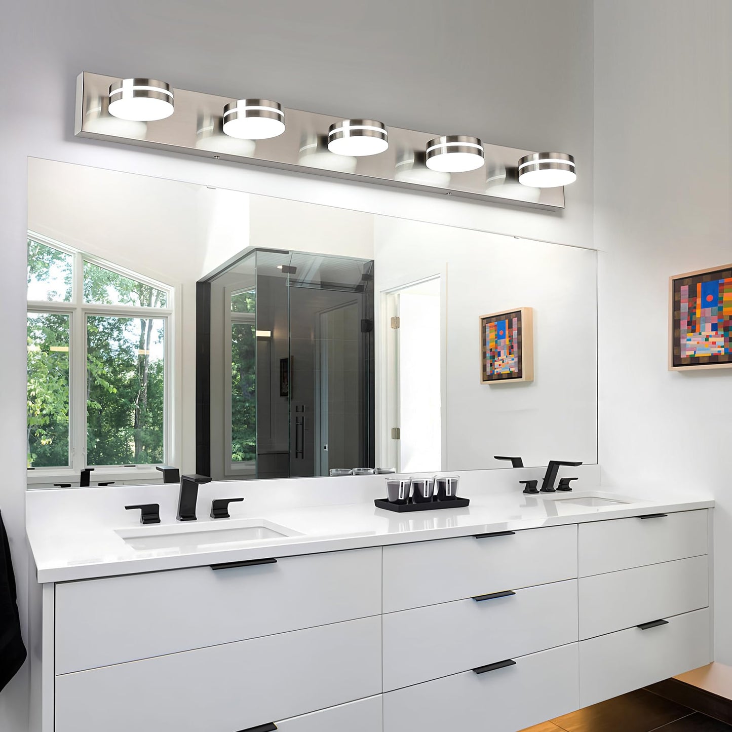 Bicrink Brushed Nickel Bathroom Light Fixtures Over Mirror, 5-Light Bathroom Vanity Light, LED Dimmable Bath Lights, Modern Dimmable Vanity Lighting with Rotating Lamp Head, 5500K