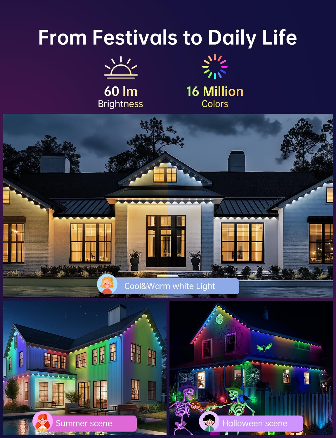 lemonlovely Permanent Outdoor Lights, 50ft, 25 Smart IC+RGB+CW LEDs, Waterproof, White, Model 2323, App/Remote Control