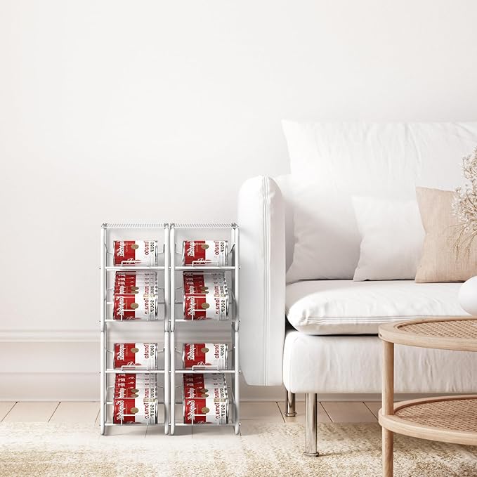 4 Pack Soda Can Organizer, Stackable Metal Can Dispenser for Pantry, Automatic Rolling Canned Food Organizer for Cabinet and Countertop, White.