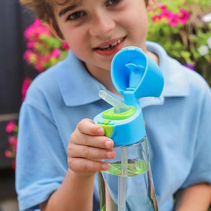 b.box 20oz Tritan Straw Bottle: Large, Modern Water Bottle with Flip Straw for Kids. Spill Proof, Leak Proof, BPA Free (Ocean Breeze, 20 oz)