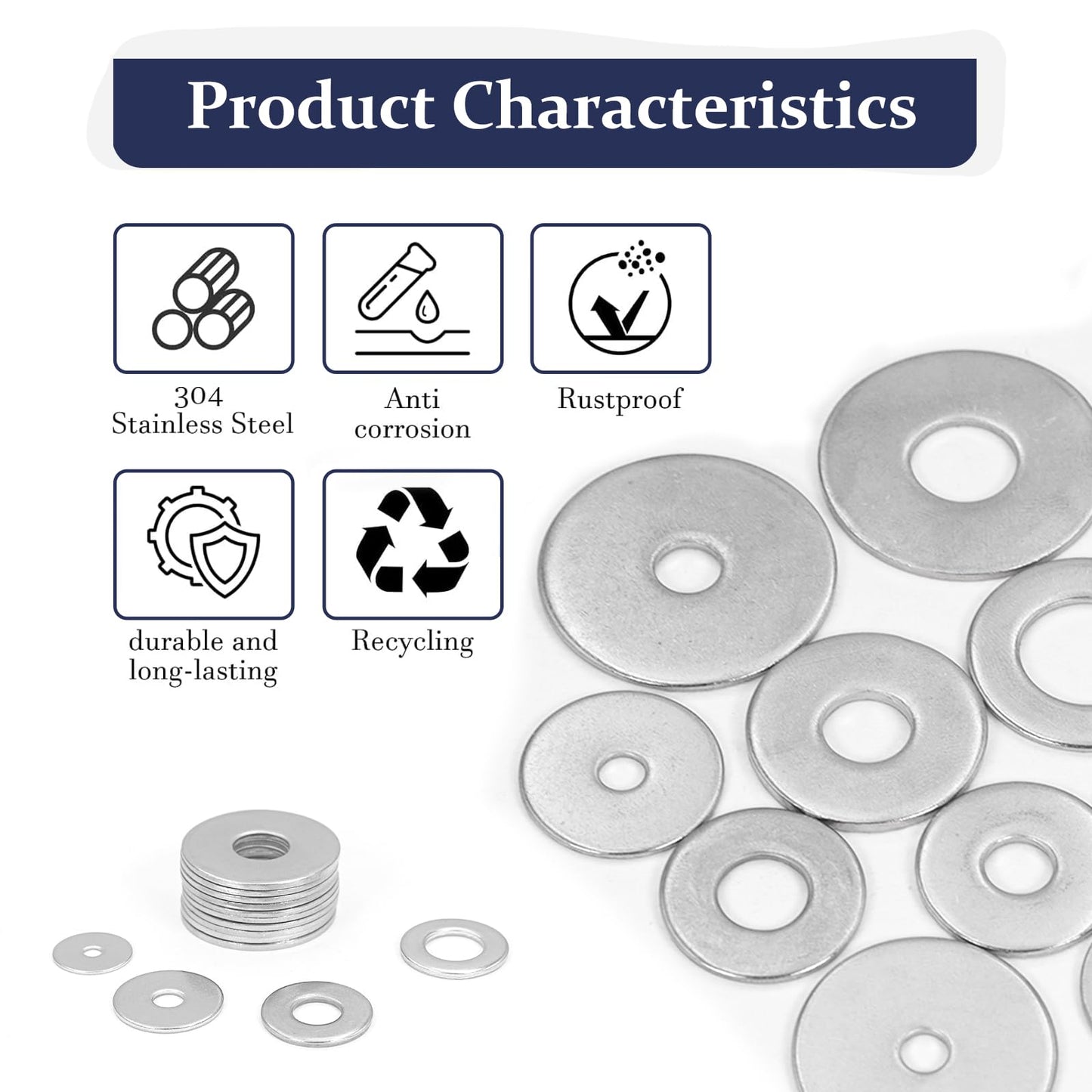 ZQZ 290Pcs Flat Washers, 304 Stainless Steel Fender Washers Assortment, 15 Different Sizes Wide Washer M3 M4 M5 M6 M8 M10 M12 Assorted Flatwashers Kit