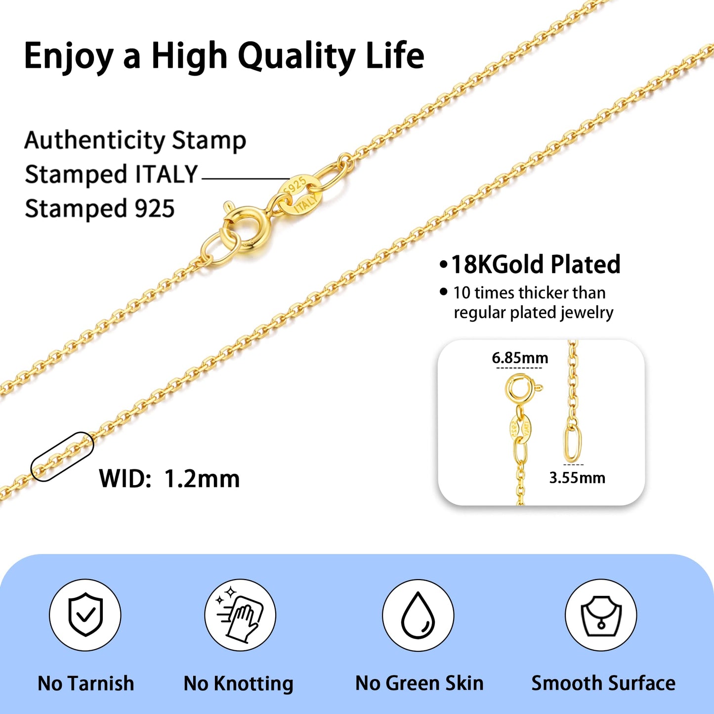 Jewlpire 18k Over Gold Chain Necklace for Women, 1.2mm Cable Chain Gold Chain Sturdy & Shiny Women's Chain Necklaces, 22 Inches