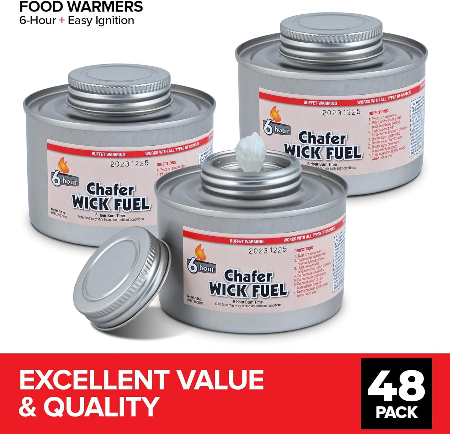 Food Warmers for Parties 6 Hour (48 Pack), Chafing Fuel Cans with Wick and Safety Twist Cap, Catering Warmers for Buffets, Weddings and Events