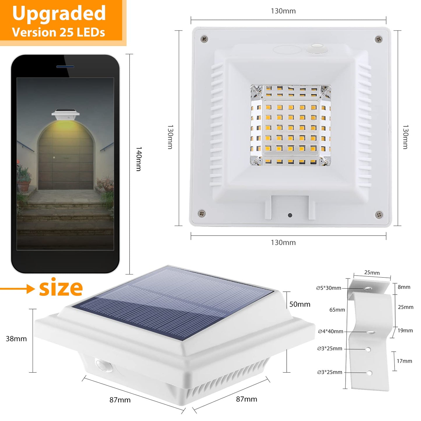 KEENZO Outdoor Solar Lights - 6pcs Solar-Powered LED Wall/Fence Lights, Warm White, Waterproof, Model 25GU-WCW