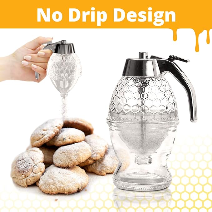 Honey Dispenser – No Drip Glass with Stand – Honey Jar – Clear Glass Honey Container with Dipper 8 Oz – Maple Syrup Dispenser – Honey Pot with Stand – Honey Bottle with Flip Top Lid