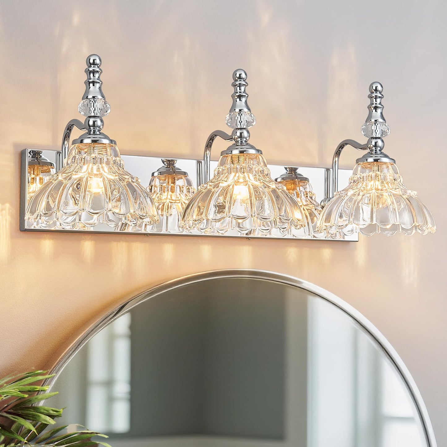 Lbsqj Vintage Bathroom Vanity Light  3-Light Chrome Vanity Lighting Fixture With Flower Glass Shade  Bathroom Lighting Fixtures Over Mirror