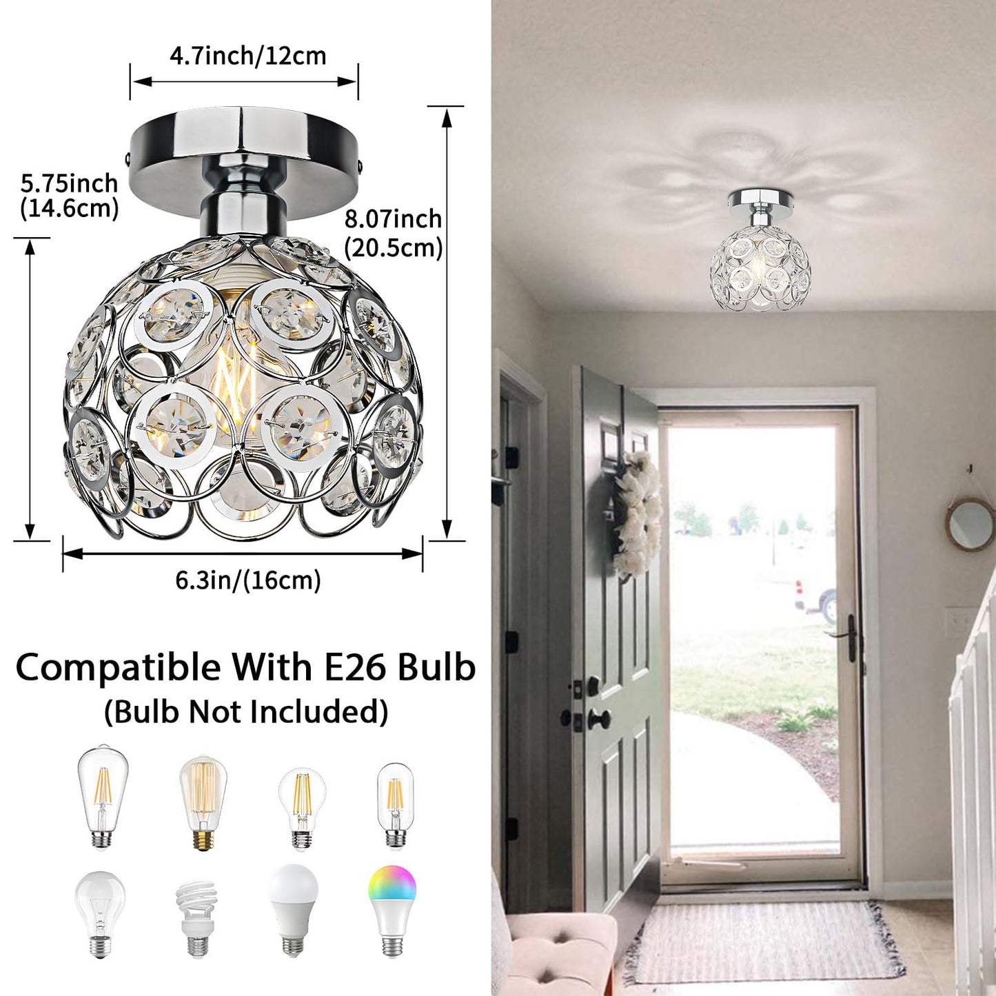 TISLYCO Semi Flush Mount Ceiling Light Fixture, Crystal Mini Chandelier, 7.7inx4.7in, Silver