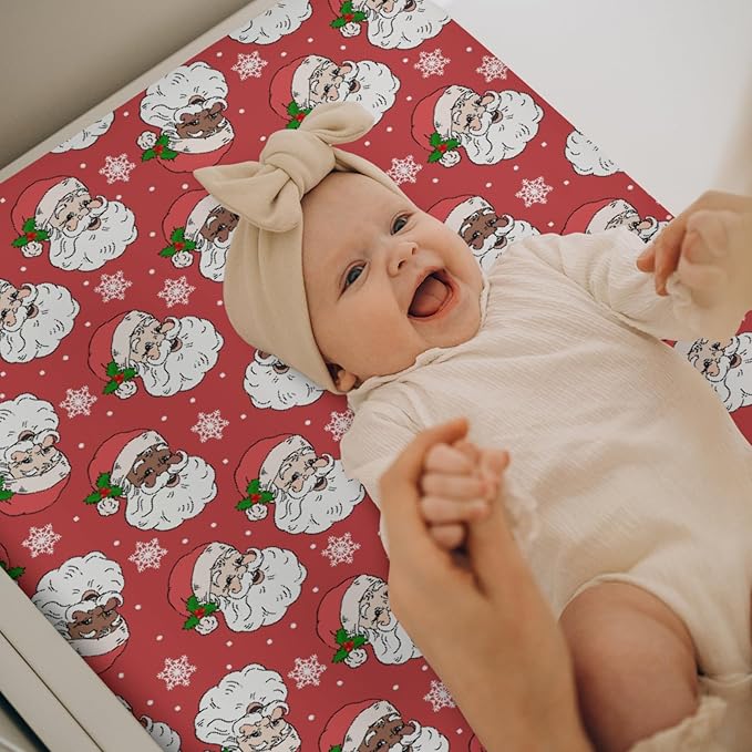Christmas Santa Claus Snowflakes Baby Changing Pad Covers for Boy Girl Cute Red Santa Fir Leaves Fitted Changing Table Cover Mats Winter Holiday Festive Soft Diaper Change Table Sheets 32''×16''