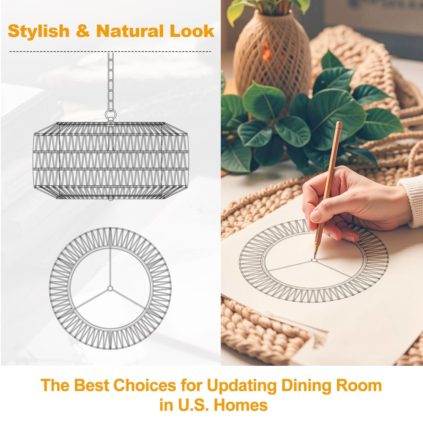 Farmhouse Gold Chandelier Light Fixture  5-Light Rustic Boho Chandeliers With Rattan & Linen Shade  Gold Hanging Lighting For Dining Room  Kitchen Island  Bedroom (Bulbs Not Included)