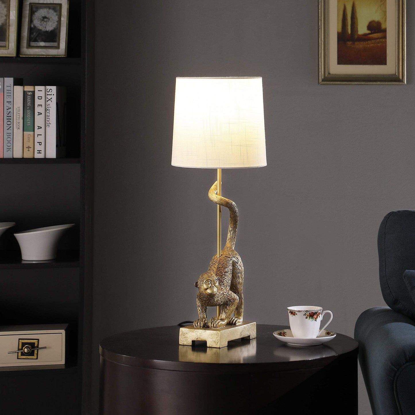 Homeroots Gold Monkey Table Lamp With White Drum Shade, 24 X 9 X 9 In., Model 524262