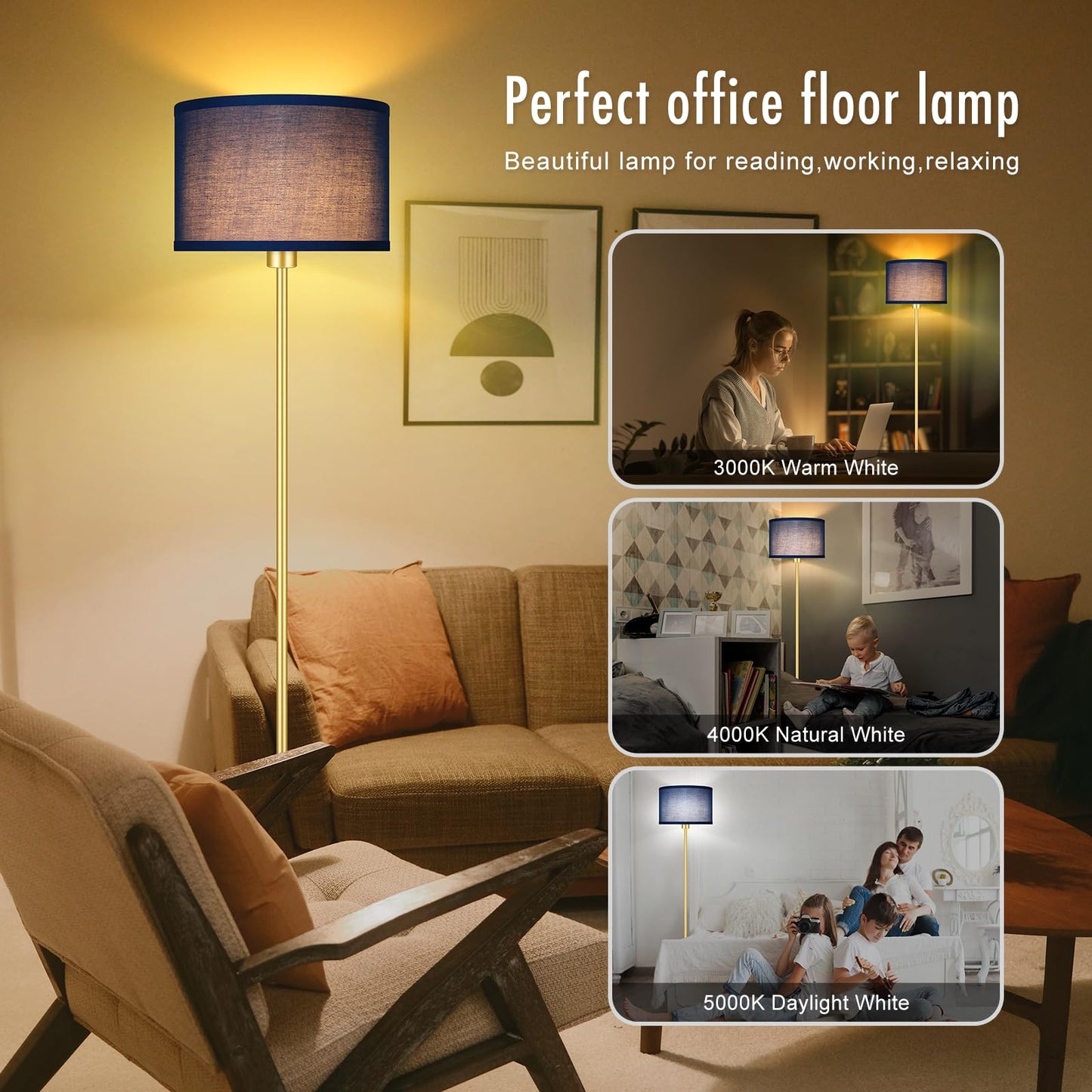 Floor Lamp Blue  Standing Lamp  58  Tall Floor Lamp With Lampshade  Foot Pedal Switch  Modern Simple Floor Lamps For Living Room/Bedroom/Den/Classroom  Gold Lamp For Boys  Gift(Without Bulb)