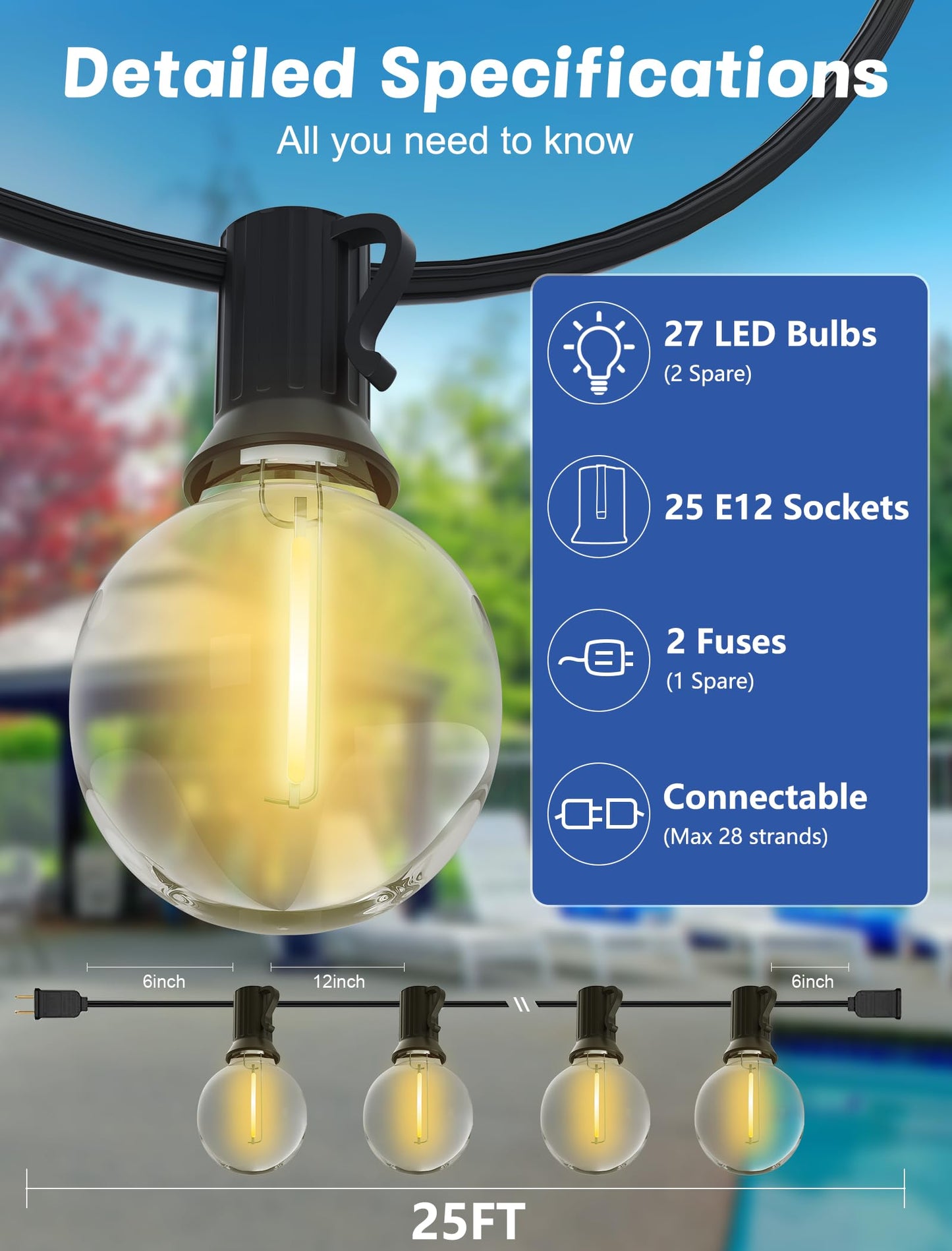 Sunsgne 25Ft Globe Led Outdoor String Lights - Waterproof Shatterproof Black Wire, Warm White Plastic Bulbs For Café Bistro Pergola Tents