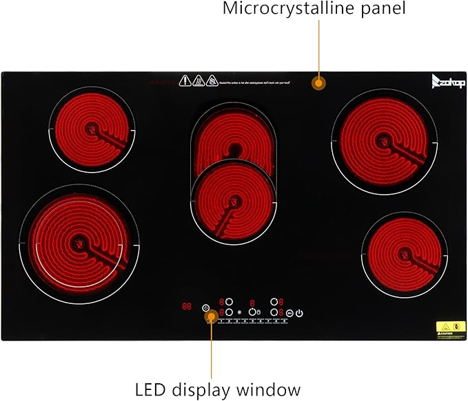 Winado 5 Burners Electric Ceramic Cooktop 35 inch, 220-240V Flat Top Stove, Multi-function Elecric Stovetop w/9 Heating Level, Timer & Kid Safety Lock, Sensor Touch Control, Timer Setting, 8600W