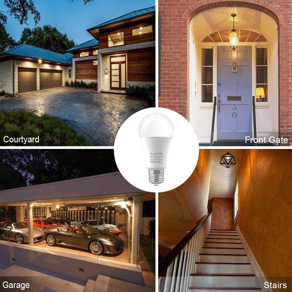 Propow A19 12W Radar Motion Sensor Light Bulbs, 2 Pack, Daylight White, E26, Auto On/Off, 1100Lm For Outdoor Use