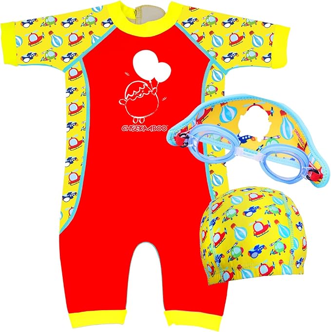 6-12 Months Old Toddler & Kids Thermal Swimsuit with UPF50+, Anti-Fog Goggles & Comfy Swim Cap, 3-Piece Swim Gear Bundle f...