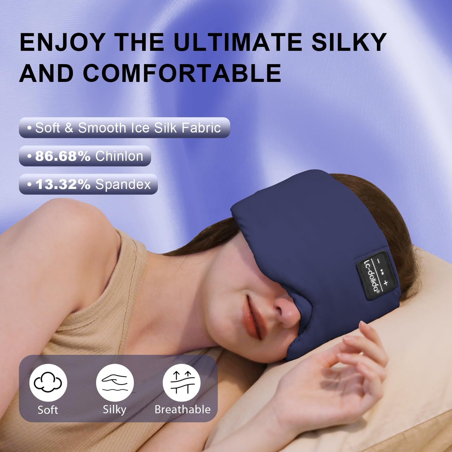 LC-dolida Sleep Mask with Bluetooth Headphones, Ice Silk Sleep Headphones with Bluetooth 5.4, Total Blackout Eye Mask for Sleeping, Sleep Soft Mask for Women Men, All Night Sleep, Travel(Navy)