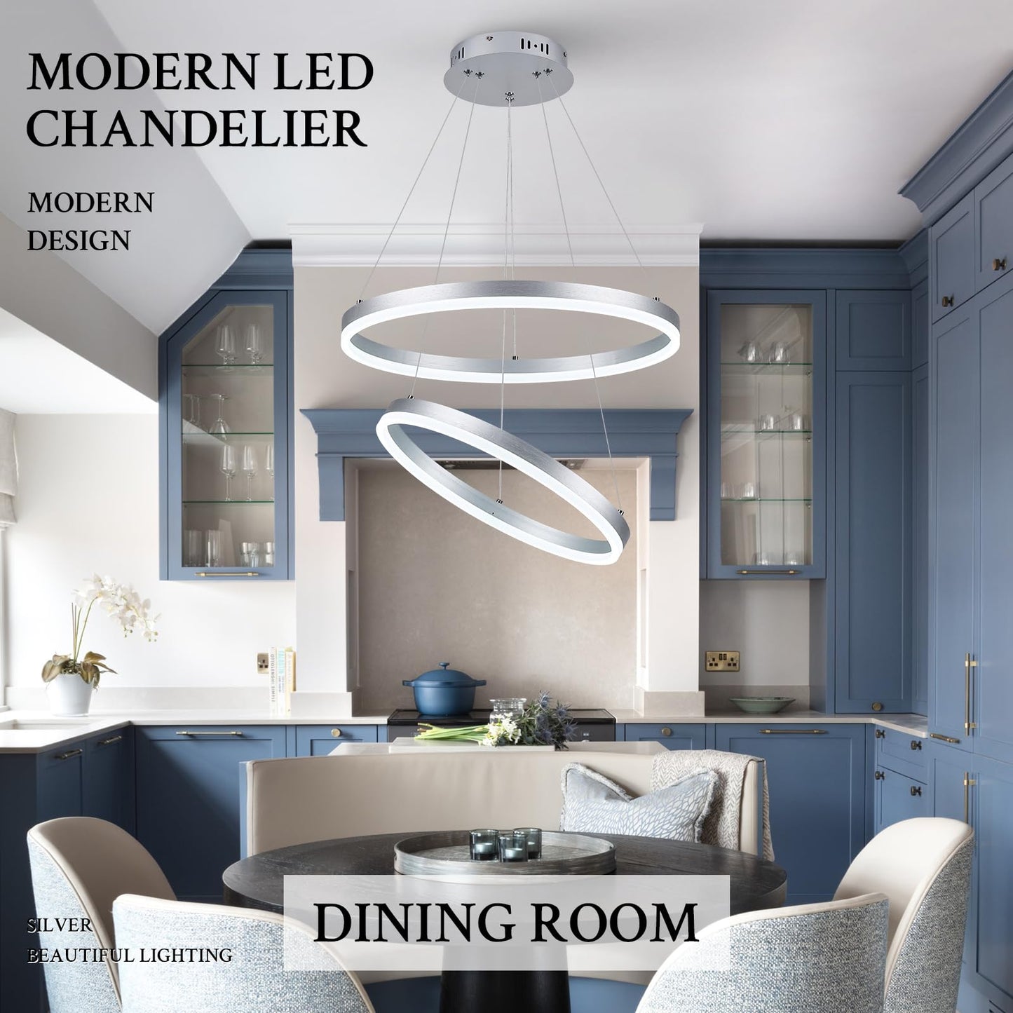 Sparklelf LED Chandelier Pendant Light, 2 Rings, Silver, Remote Control, Flush Mount, Model SL-BK-LED2R-SL197, 3000K-6500K