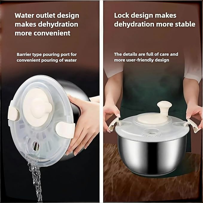6L Stainless Steel Salad Lettuce Spinner, Fruit Vegetable Cleaner Vegetable Washer Spinner Quick Spin for Household Vegetables and Pasta Fries Spinner Essential Kitchen Utensils spinners (B)