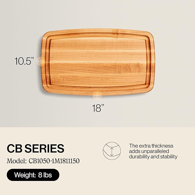 John Boos CB Series Rectangular Wooden Maple Cutting Board 18”x10.5” – 1.5” Thick, 8-lb Reversible Butcher Block with Rounded Edges, Juice Groove, Edge-Grain & Finger Grips – Made in the USA