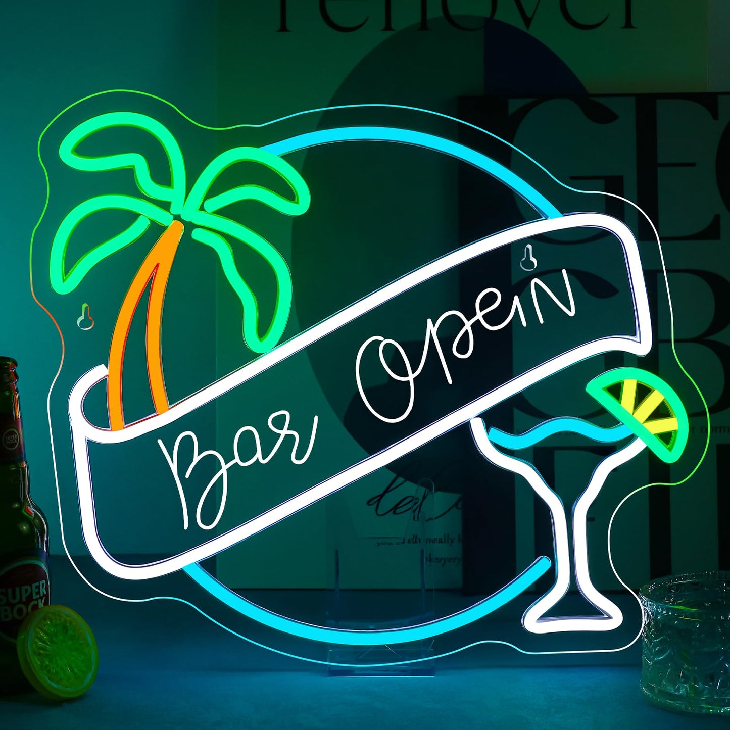 Wx&Yh Bar Open Neon Sign  Cocktail Coconut Tree Led Light Open Sign Neon Signs For Wall Decor Pub Party Club malt-inspired Bar Lights Man Cave Coffee Home Stores Restaurant Palm Decor Gifts