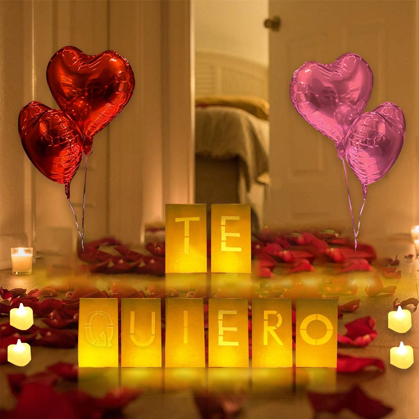 Te Quiero Lighted Letters Sign 17Pcs Luminary Paper Bags 2200Pcs Red Pink Artificial Rose Petals 48Pcs Flameless Led Candle Tealight 15Pcs Heart Balloons Romantic Night ValentineS Day