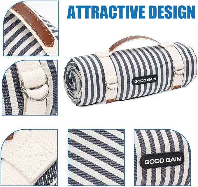 G GOOD GAIN Waterproof Picnic Blanket Portable with Carry Strap for Beach Mat or Family Outdoor Camping Party (Navy Blue)