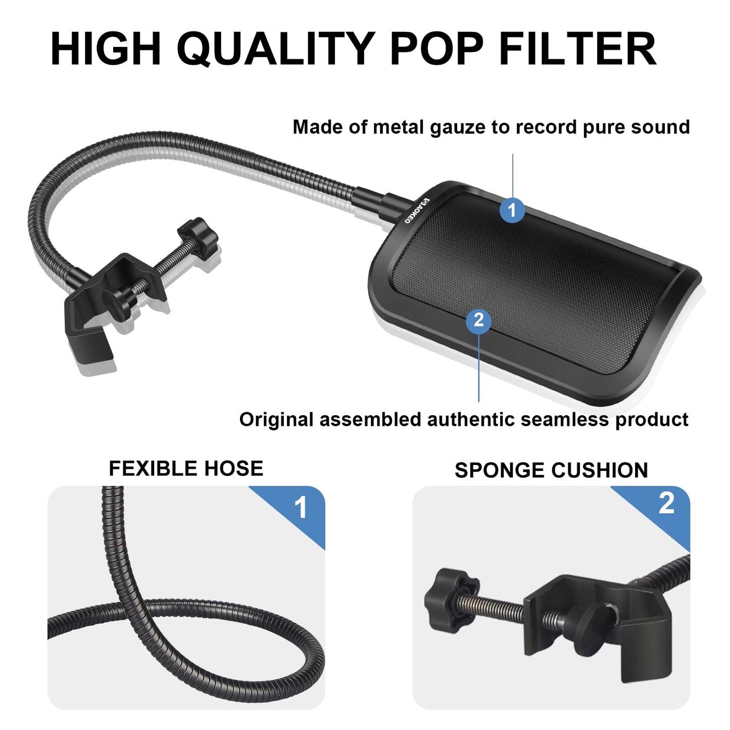 Aokeo Metal Pop Filter,Metal Mesh Layer Microphone Windscreen for Hyperx QuadCast, Blue Yeti and Other Mics,Pop Shield with Flexible 360° Gooseneck Clip Stabilization Arm