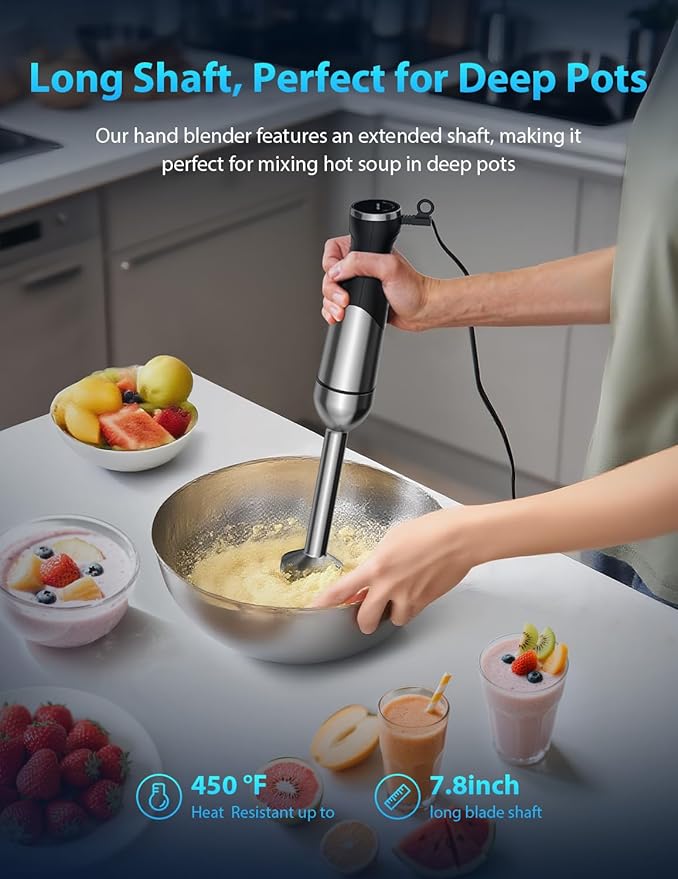 1000W Immersion Blender Handheld – 25-Speed, Stainless Steel, Hand Blender, Corded Hand Mixer with Heavy-Duty Copper Brushless Motor (Silver)