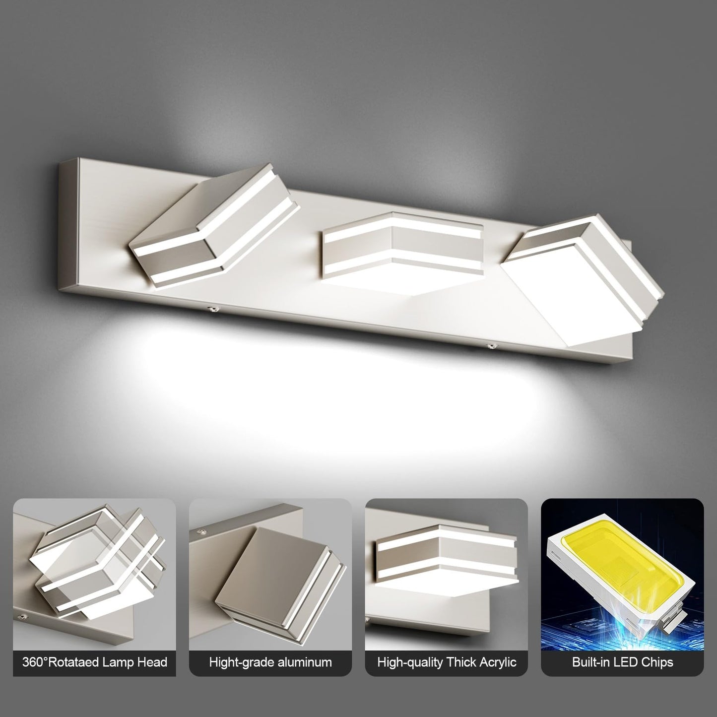 Ralbay 24Inch Brushed Nickel Bathroom Vanity Lights 3-Light Metal Acrylic Led Modern Bathroom Wall Lighting Fixtures