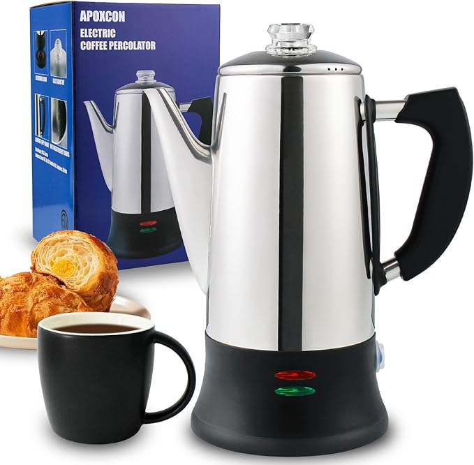 Electric Coffee Percolator Stainless Steel Coffee Maker with Heat Resistant Tough Glass Clear Brew Progress Knob, Keep Warm & Cordless Serving Classic Coffee Pot with On/OFF Switch 12 Cup