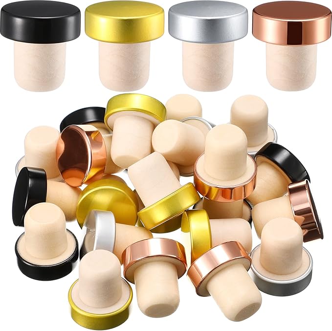 T-shaped Stopper Cork Wine Stopper Bottle Stoppers Reusable Wine Bottle Stopper Sealing Plug Bottle Cap for Wine Beer Bottles DIY Craft (Black, Silver, Gold, Rose Gold,24 Pieces)