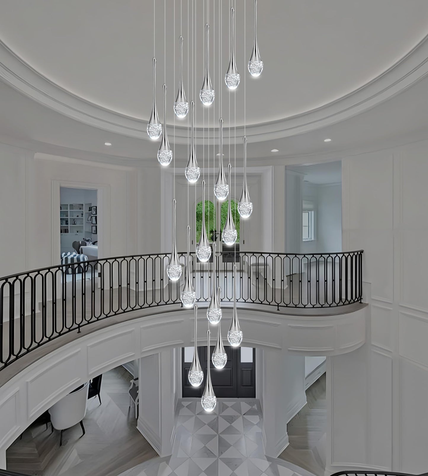 Upfelw Modern Crystal Staircase Chandelier Polished Chrome 18-Lights  H118 Large High Ceiling Spiral Dimmable Led Raindrop Foyer Entryway Light Fixture Remote Control