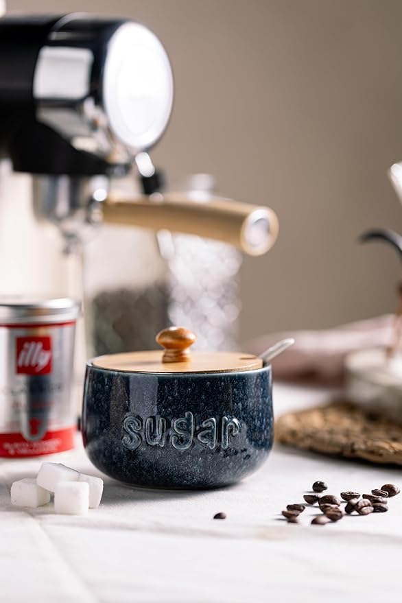 LYEOBOH Sugar Bowl with Lid and Spoon,17 OZ Large Sugar Jar for Countertop, Ceramic Sugar Dish for Coffee Bar, Azucarera for Farmhouse Home and Kitchen - Housewarming Gift, Starry Navy