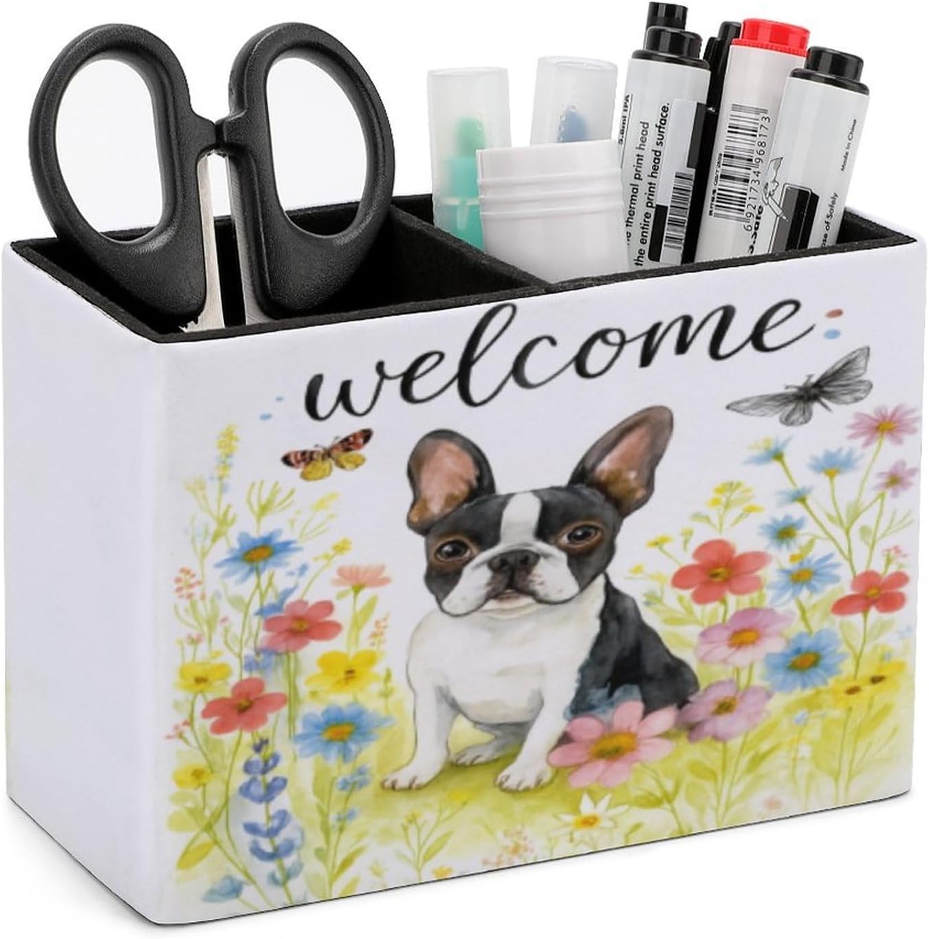 Welcome Dog Flowers Lether Pen Holder for Desk Makeup Brush Holder Office Organizer Desk Accessory for School Office