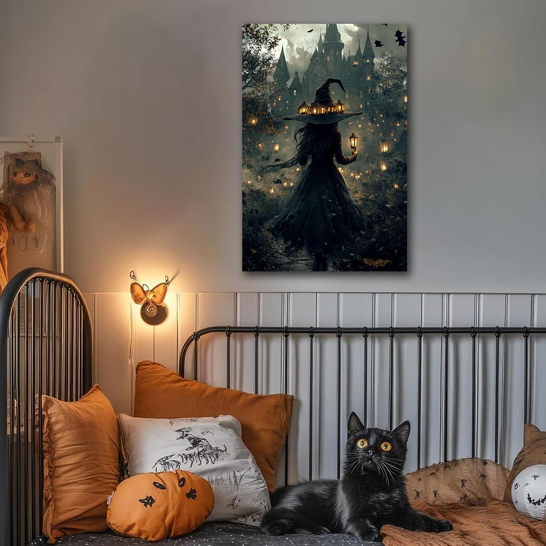 Halloween Witch and Haunted House Canvas Wall Art,Dark Academia Scary Witch Castle Posters Prints,Thriller Horror Gothic Wall Decor Pictures for Halloween Party House Decoration,16"x24" Framed