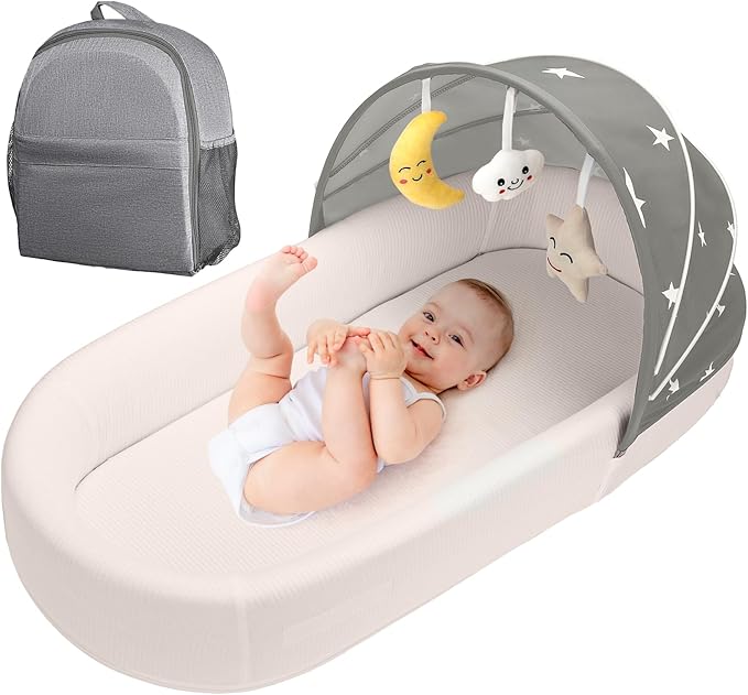 Portable Baby Bassinet- Travel Bassinet for Newborn and Infant, Suitable for Indoor & Outdoor Carry, Lightweight Foldable Washable, Portable Bassinet for Baby Travel, Portable Travel Bassinet, Grey