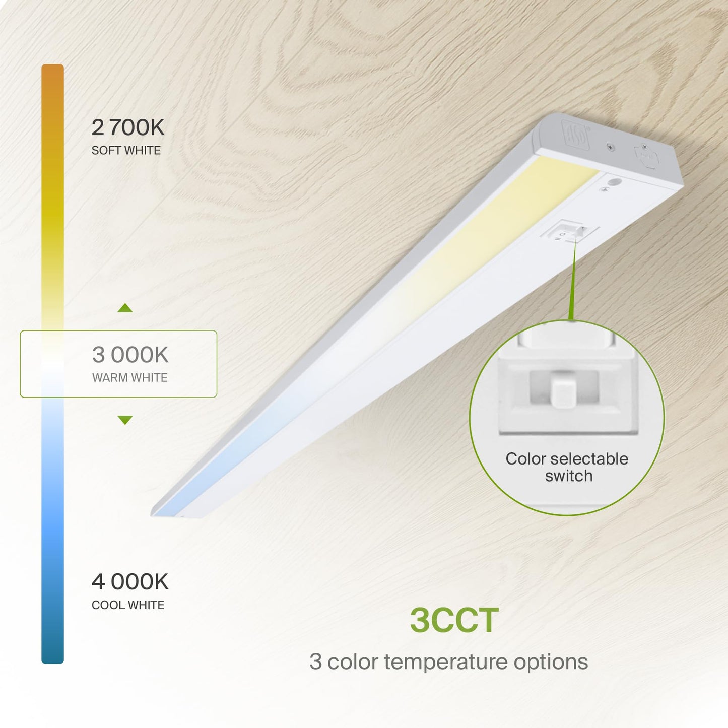 Asd Led Under Cabinet Lighting 32 Inch, Dimmable, Hardwired/Plug-In, 3 Color Levels, Aluminum, White Finish, Model Asd-Ucl-32D16Cc-Wh