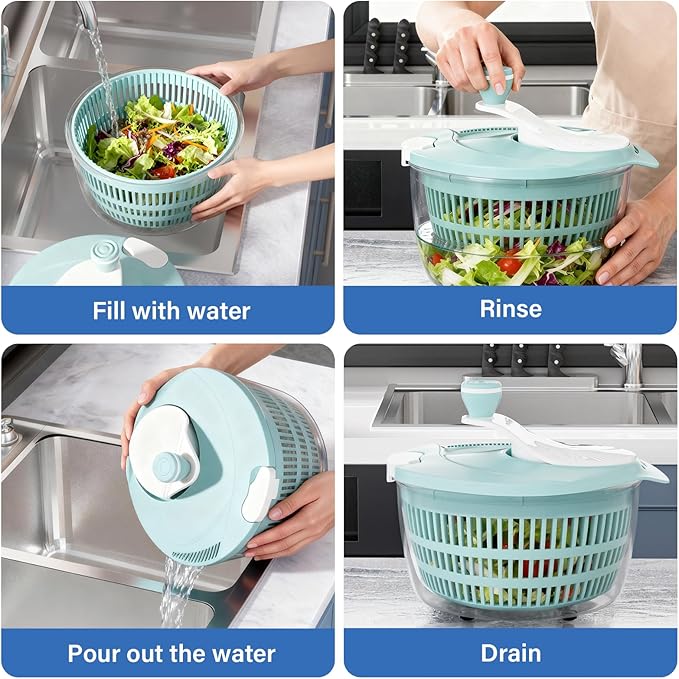 Salad Spinner,4.24Qt,Multi-Use Lettuce Spinner,Vegetable Dryer,Fruit Washer,Non-Slip Base,BPA-Free,Kitchen Gadget,Green