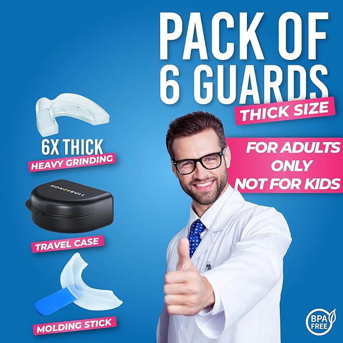 HONEYBULL Anti Grinding Guard Set [6 Pack - Thick] Comes in Bigger Size for Heavy Grinding | Comfortable Custom Mouth Guard for Nighttime Teeth Grinding