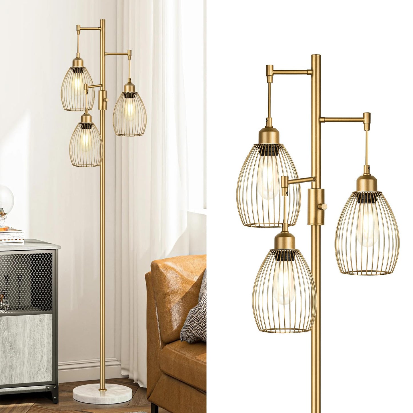 Torondo Dimmable Floor Lamp, Industrial Metal Design, 70in Gold-Marble Base, Model FL1909, with 3 Teardrop Cage Heads, 800 Lumens