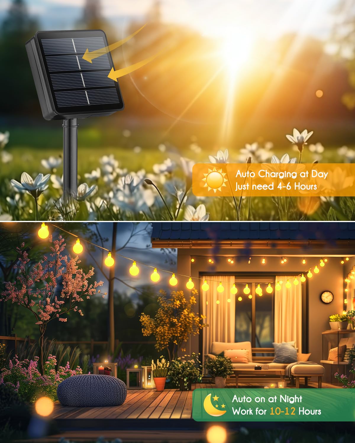 Brightown Solar String Lights, 60 LED Globe Lights, 19.6Ft, Waterproof, 8 Modes, Warm White