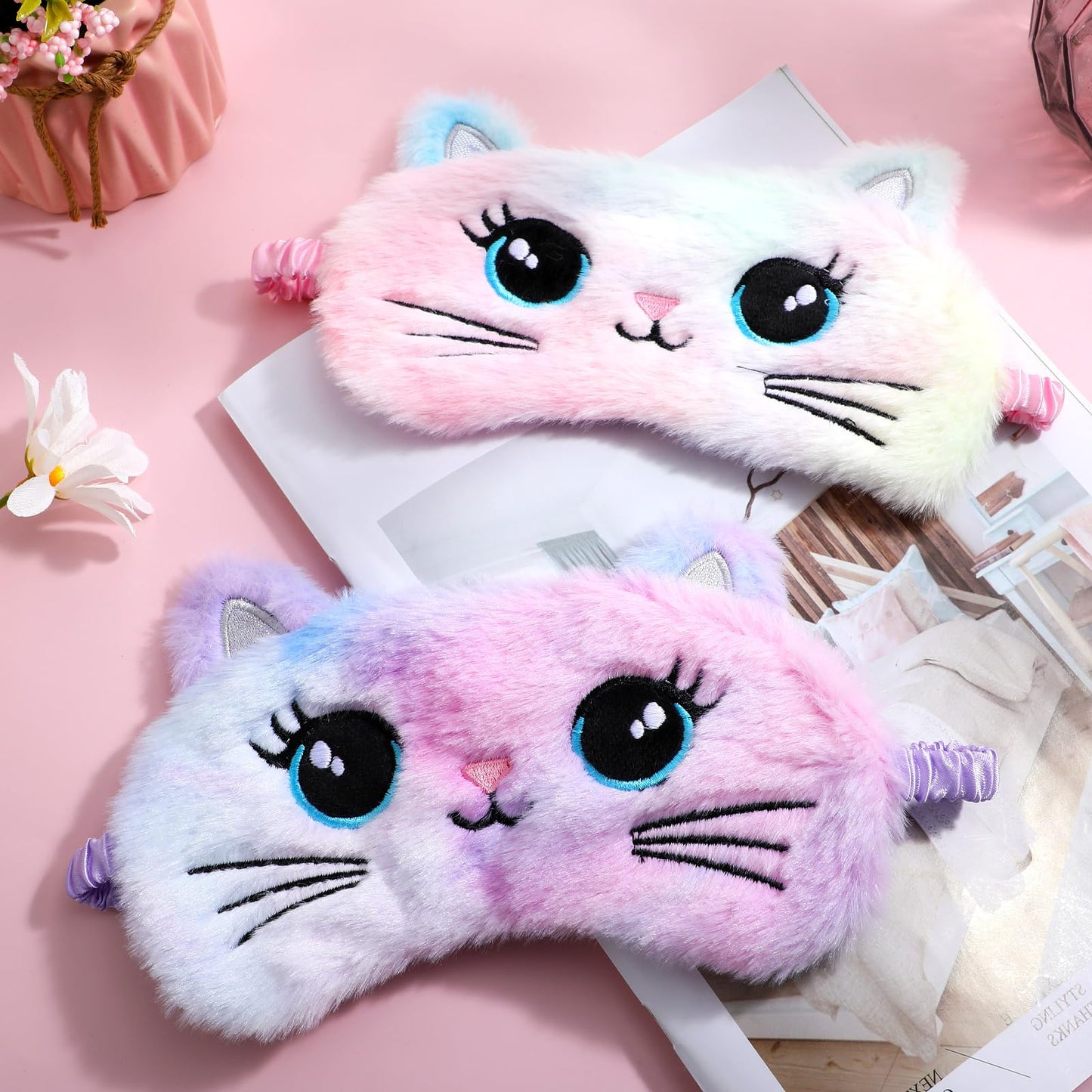Gjinxi Sleep Mask for Kids, 2 PCS Soft Plush Sleeping Eye Mask, Funny Blindfold Sleep Eye Cover, Cute Animal Sleeping Eye Shade, Night Eyeshade Cover for Toddler Boys Girls Women Men(Cat)