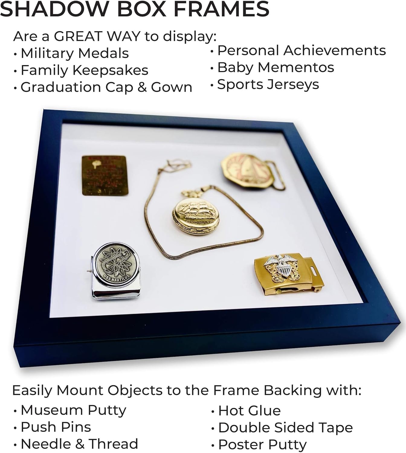 3.5x5 Shadow Box Black Solid Wood Display Frame with White Acid-Free Backing UV Acrylic & Hanging Hardware - with 3/4" Usable Depth