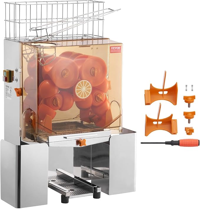VEVOR Commercial Orange Juicer Machine, 120W Automatic Juice Extractor, Stainless Steel Orange Squeezer for 20 Oranges Per Minute, with Pull-Out Filter Box, PC Cover, 2 Peel Collecting Buckets
