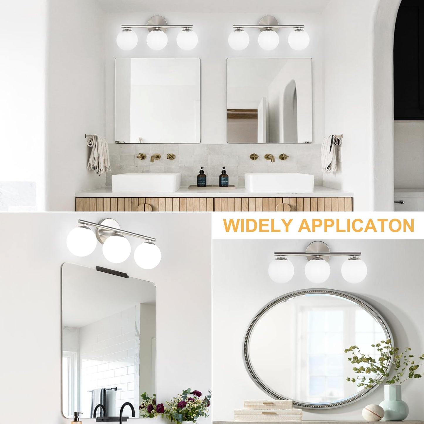 Foucasal Brushed Nickel Bathroom Light Fixtures 3-Light Globe Vanity Light With Plastic Milk White Globe Shades 11.81 Inch Wall Sconce Lighting Over Mirror Vanity Lights For Bathroom Bedroom Hallway